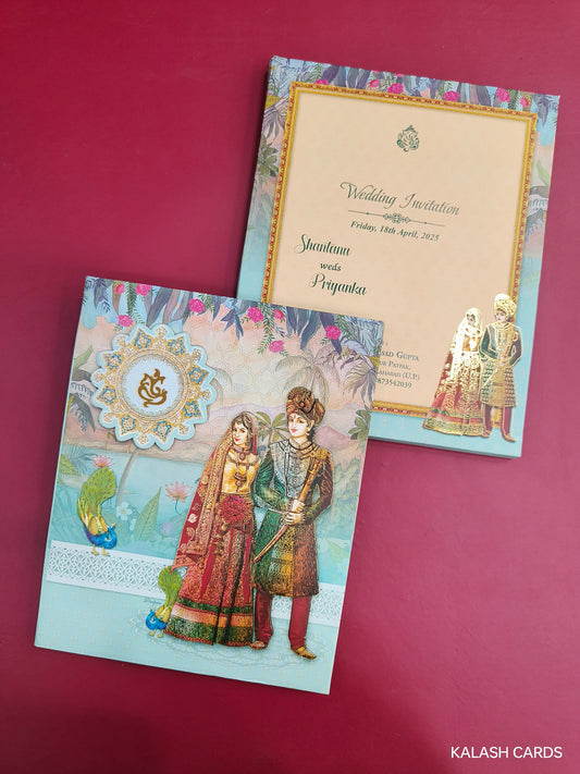 KLB742 Raja Rani Traditional Design Hardbound Padding Thick Wedding Card-Kalash Cards