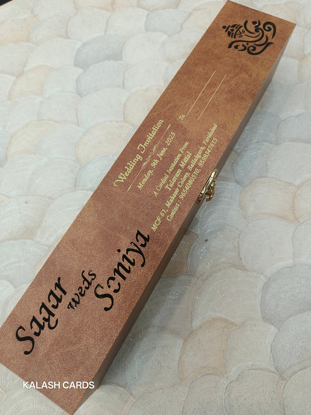 KL27 Velvet Fabric Scroll Wedding Card With Laser Cut Wooden Box and Designer Plastic Holder-Kalash Cards
