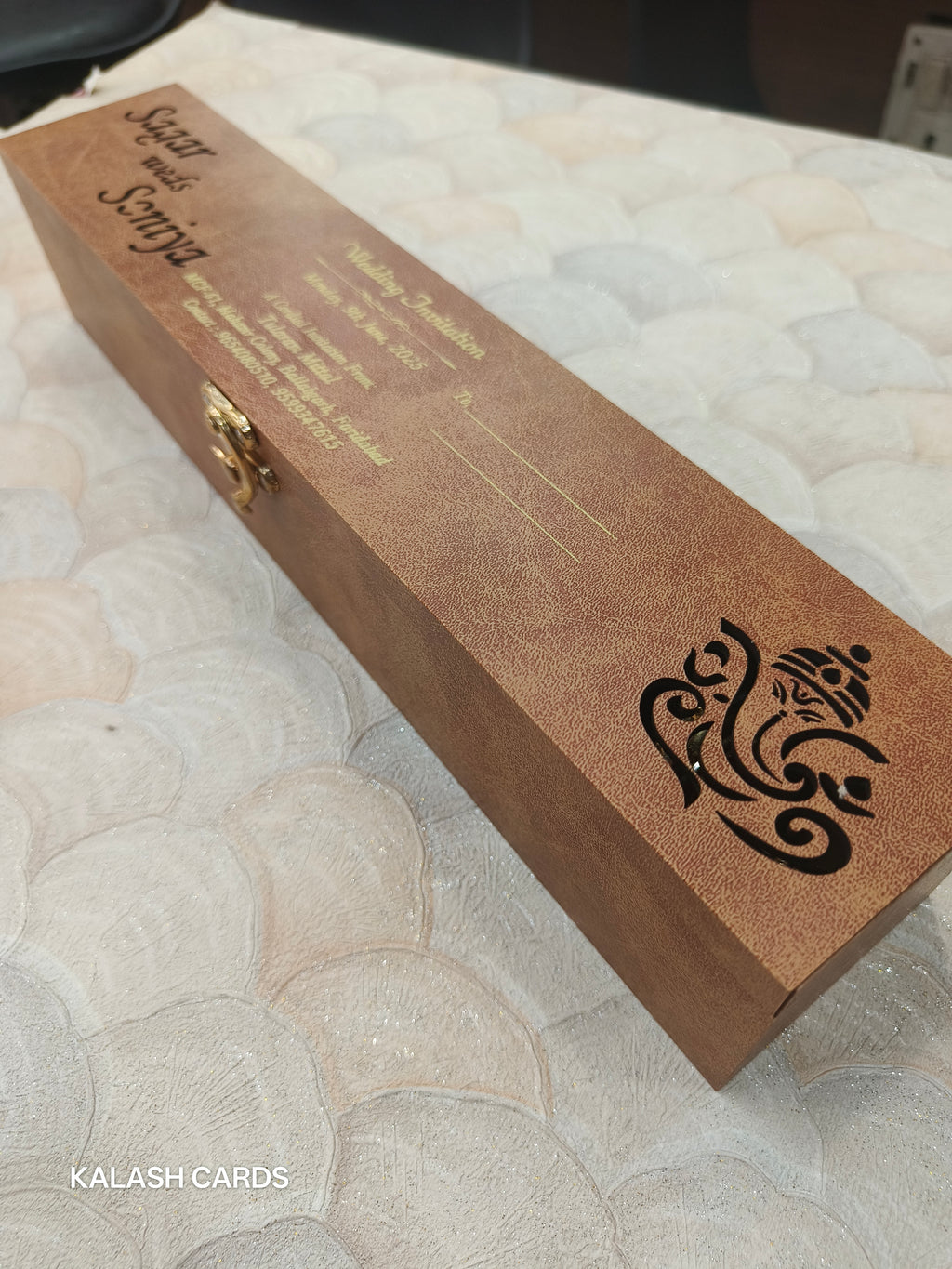 KL27 Velvet Fabric Scroll Wedding Card With Laser Cut Wooden Box and Designer Plastic Holder-Kalash Cards