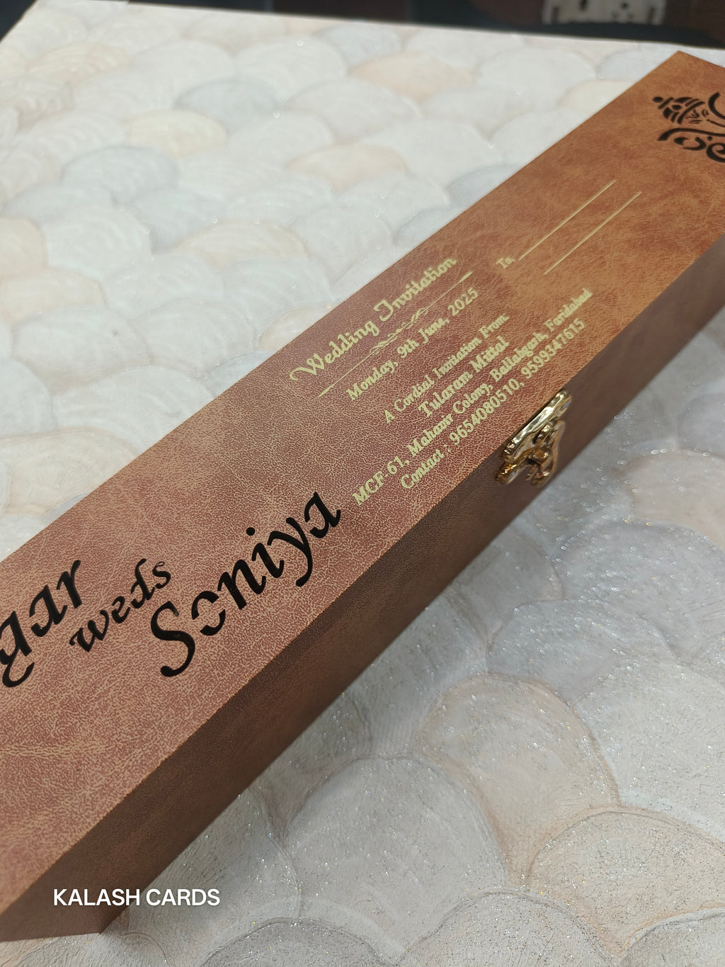 KL27 Velvet Fabric Scroll Wedding Card With Laser Cut Wooden Box and Designer Plastic Holder-Kalash Cards