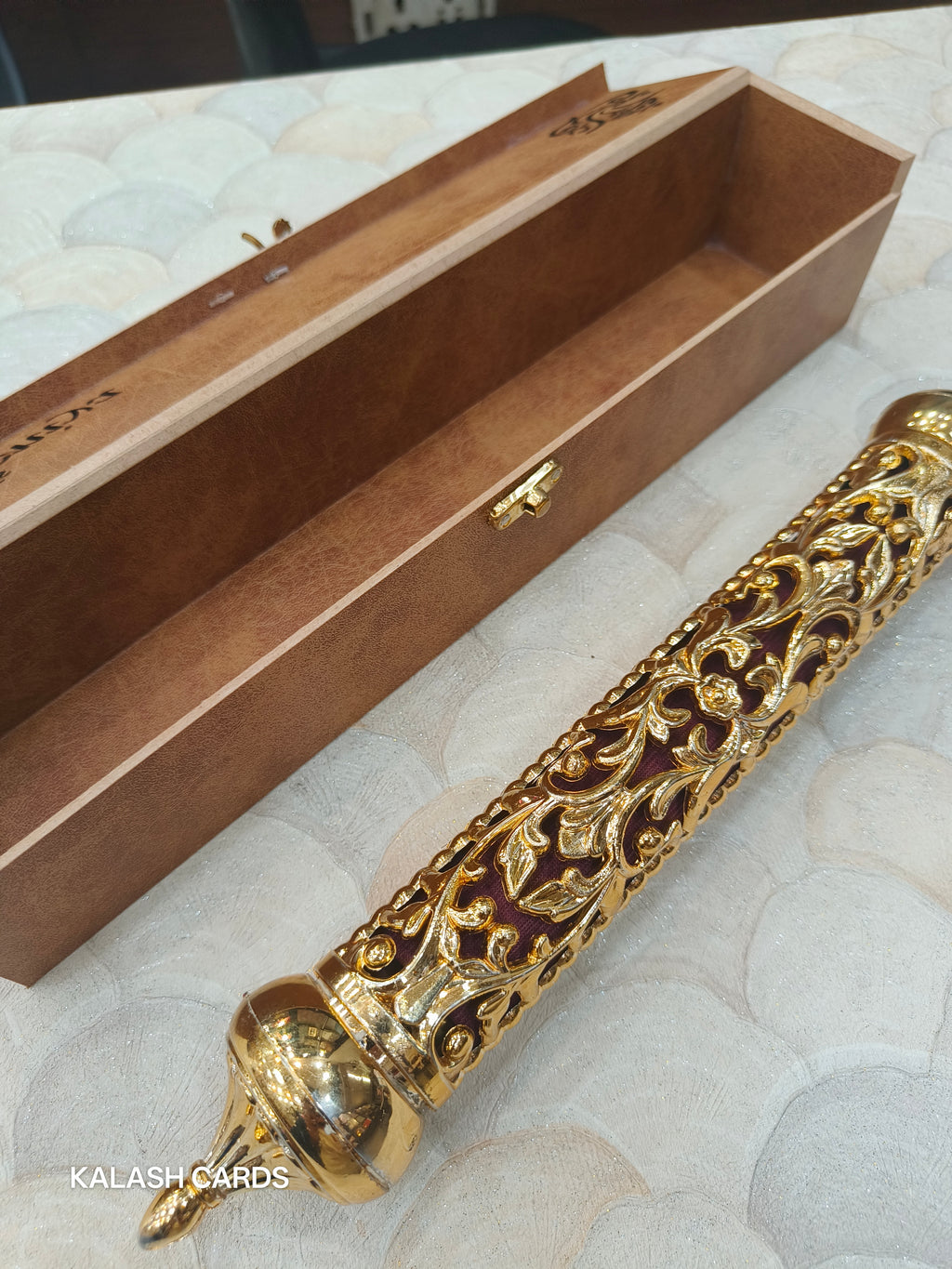 KL27 Velvet Fabric Scroll Wedding Card With Laser Cut Wooden Box and Designer Plastic Holder-Kalash Cards