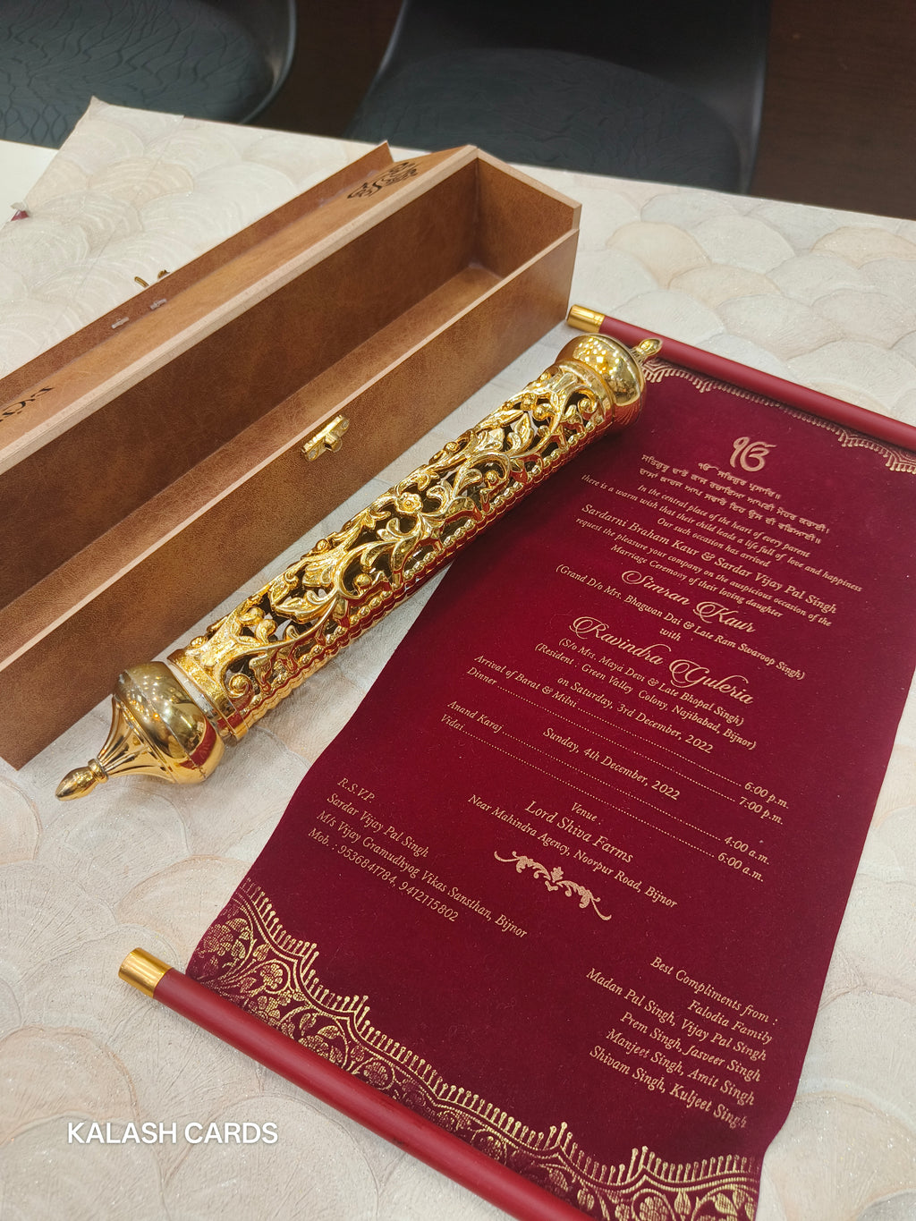 KL27 Velvet Fabric Scroll Wedding Card With Laser Cut Wooden Box and Designer Plastic Holder-Kalash Cards