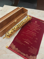 KL27 Velvet Fabric Scroll Wedding Card With Laser Cut Wooden Box and Designer Plastic Holder-Kalash Cards