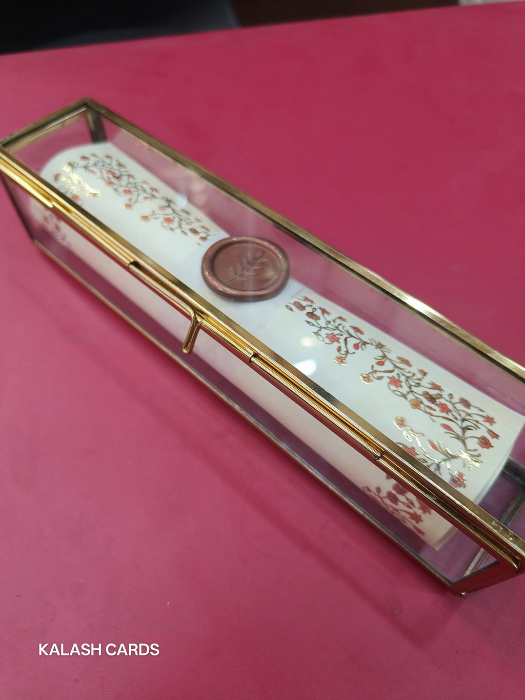 KL28 Floral Design Premium Gold Foil Paper Scroll Wedding Card with Luxury Transparent Glass Metal Box-Kalash Cards