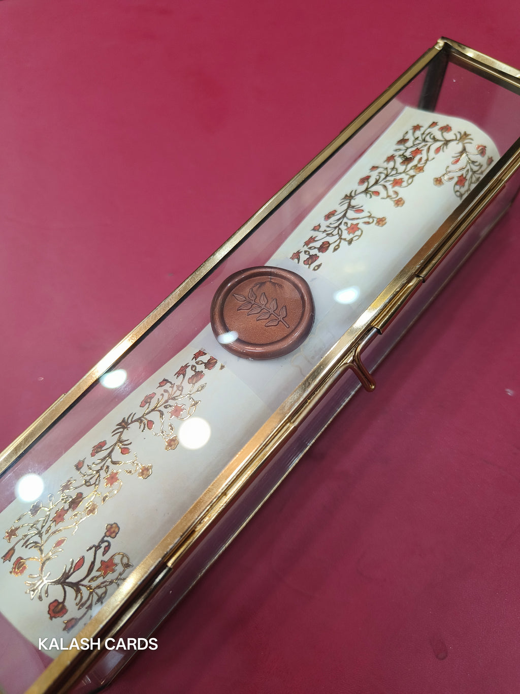 KL28 Floral Design Premium Gold Foil Paper Scroll Wedding Card with Luxury Transparent Glass Metal Box-Kalash Cards