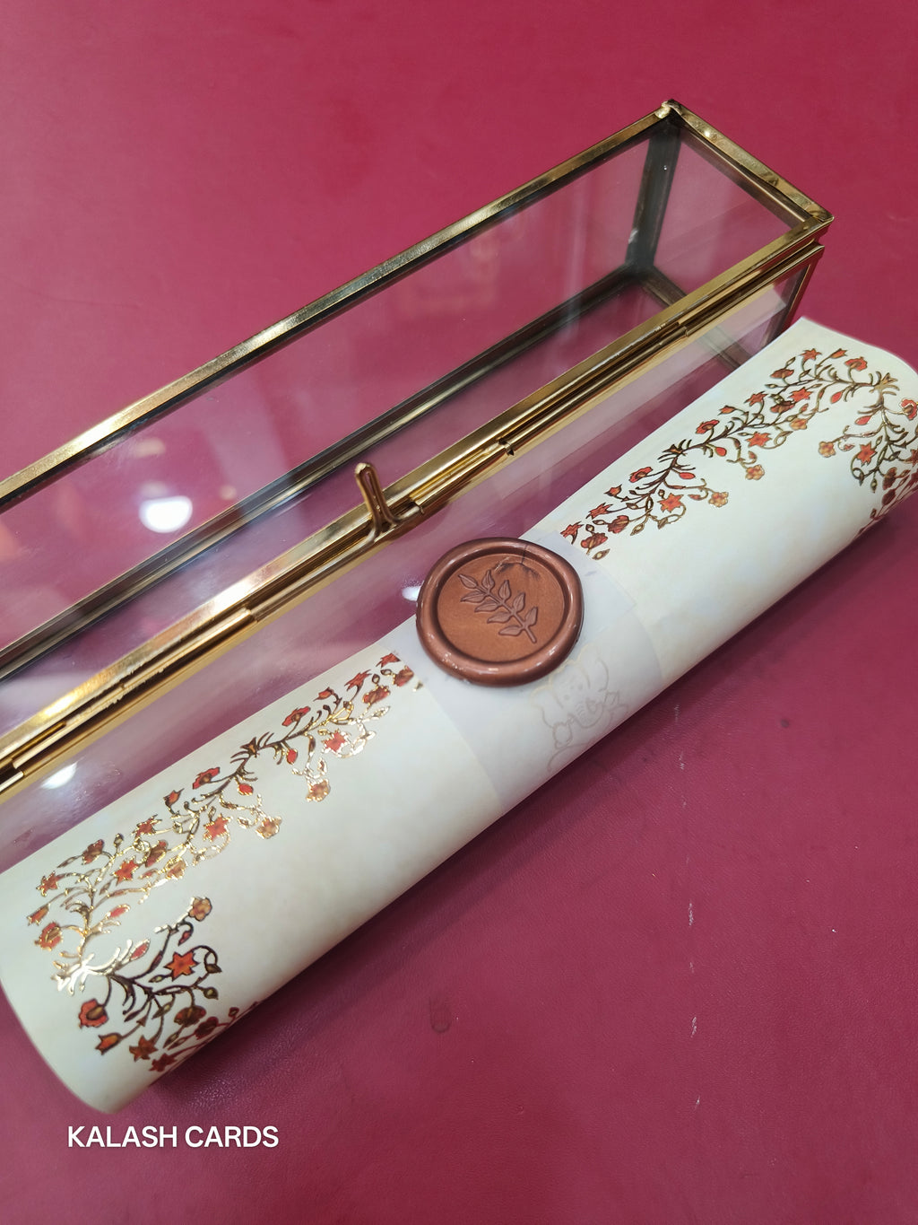 KL28 Floral Design Premium Gold Foil Paper Scroll Wedding Card with Luxury Transparent Glass Metal Box-Kalash Cards