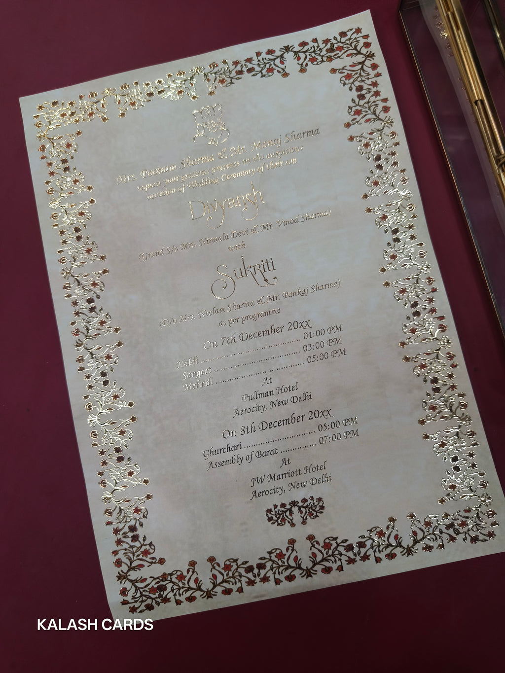 KL28 Floral Design Premium Gold Foil Paper Scroll Wedding Card with Luxury Transparent Glass Metal Box-Kalash Cards