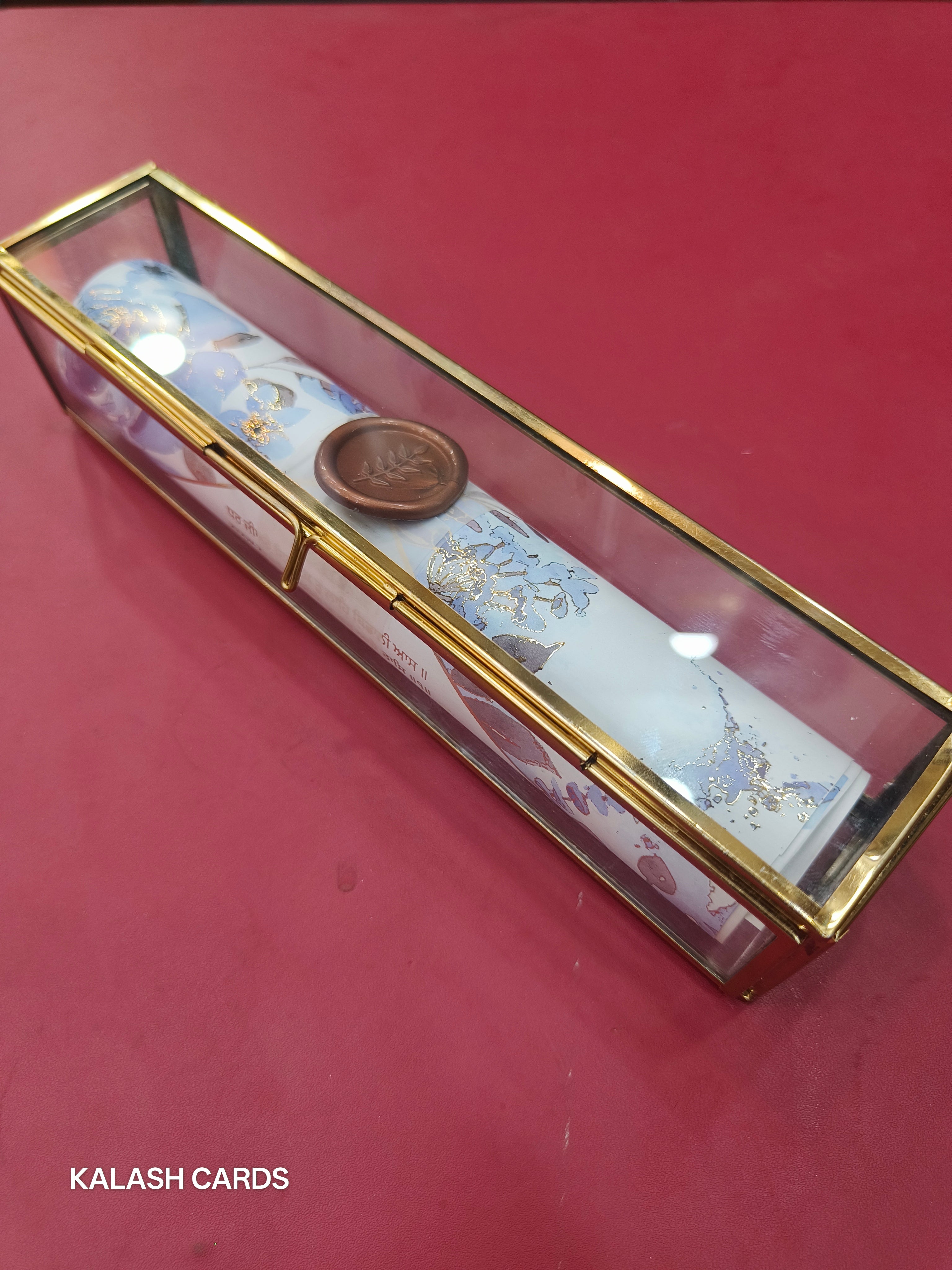 KL29 Floral Sikh Wedding Design Premium Gold Foil Paper Scroll Wedding Card with Luxury Transparent Glass Metal Box-Kalash Cards