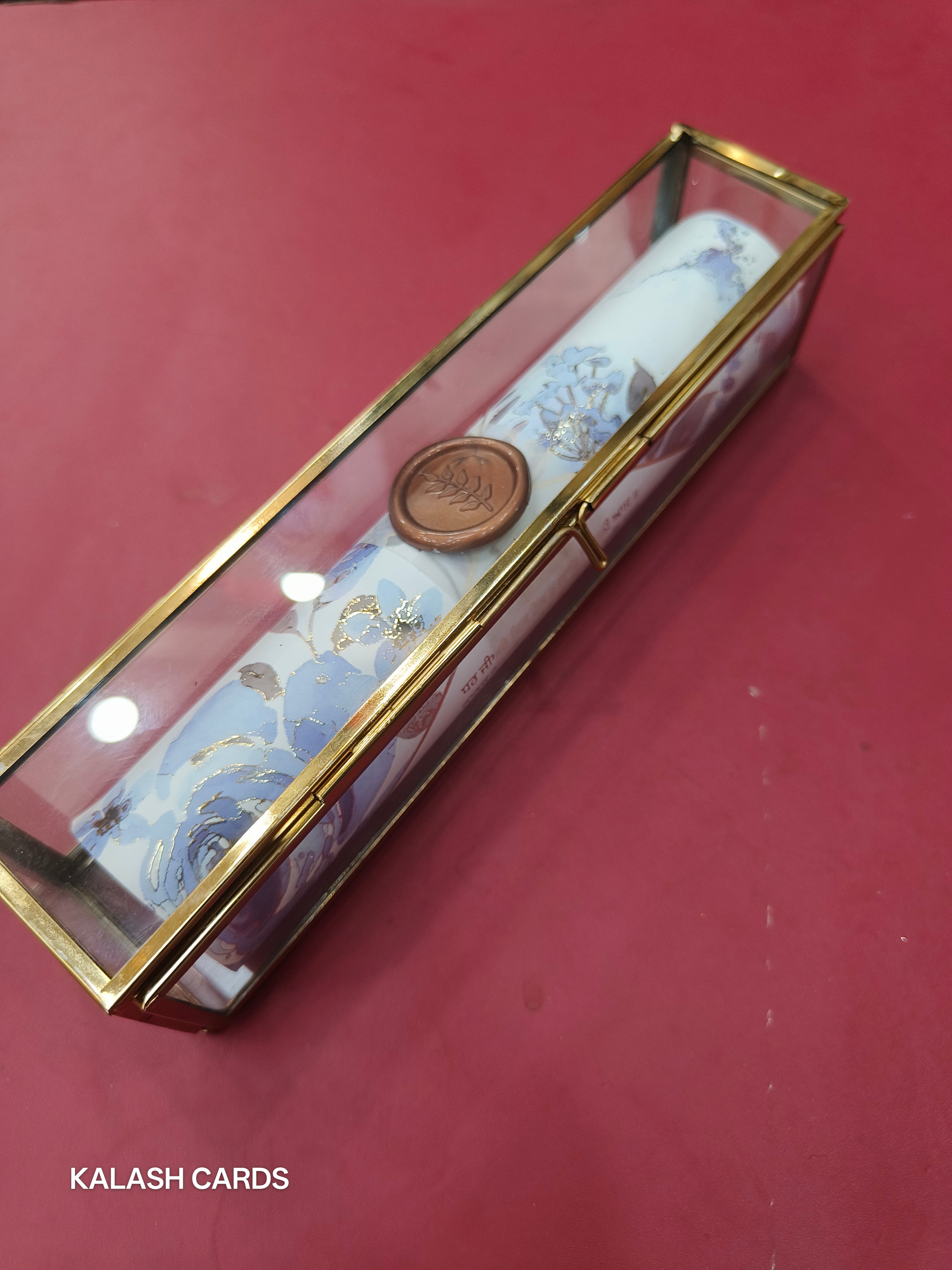 KL29 Floral Sikh Wedding Design Premium Gold Foil Paper Scroll Wedding Card with Luxury Transparent Glass Metal Box-Kalash Cards