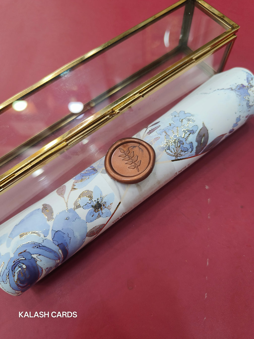 KL29 Floral Sikh Wedding Design Premium Gold Foil Paper Scroll Wedding Card with Luxury Transparent Glass Metal Box-Kalash Cards