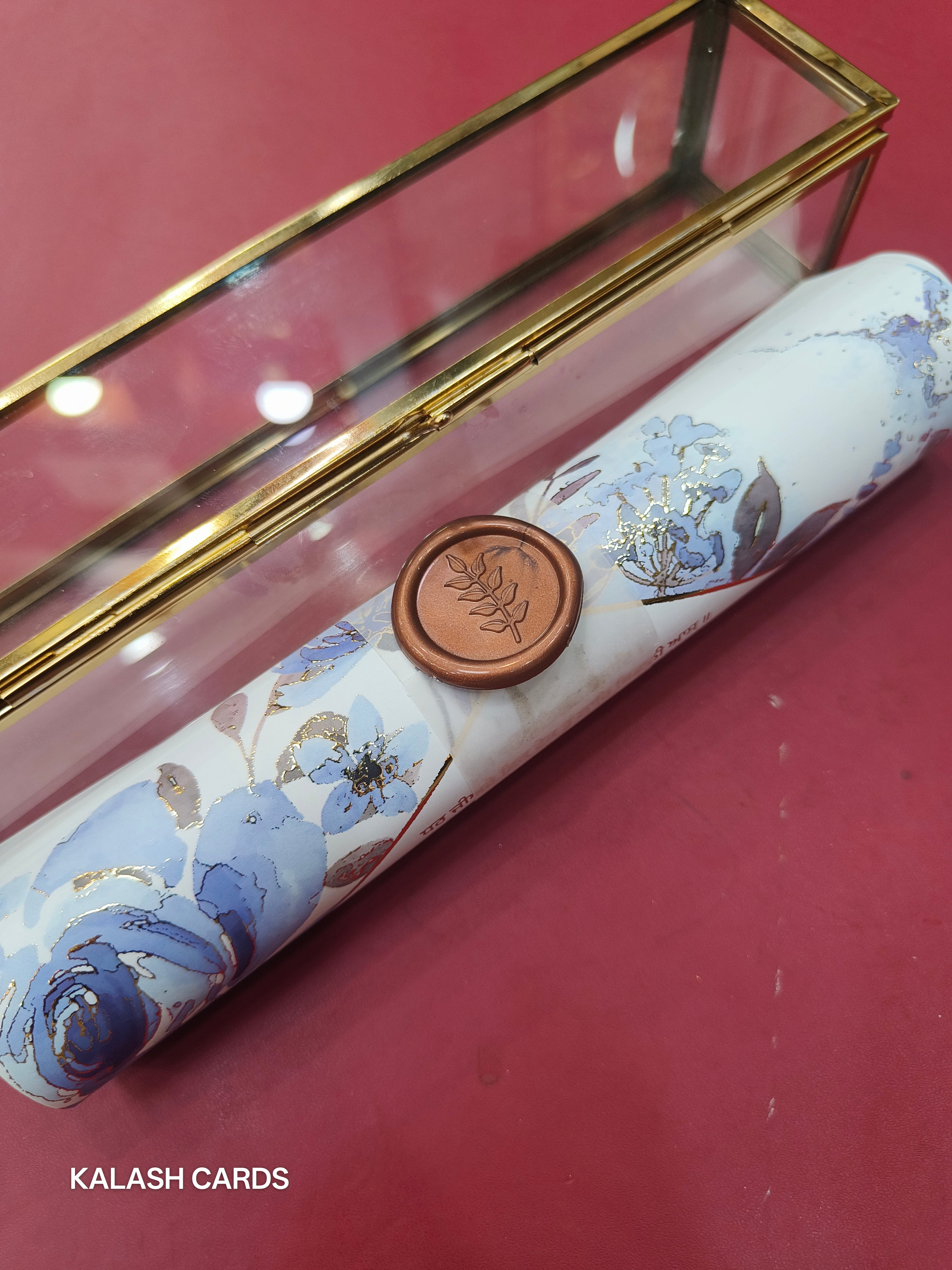 KL29 Floral Sikh Wedding Design Premium Gold Foil Paper Scroll Wedding Card with Luxury Transparent Glass Metal Box-Kalash Cards