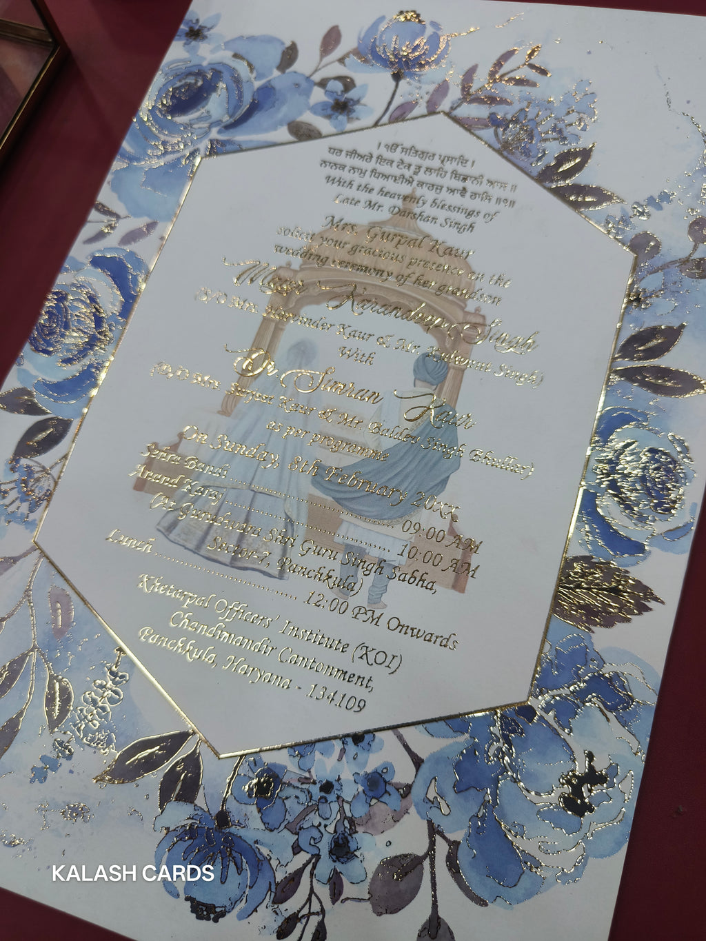 KL29 Floral Sikh Wedding Design Premium Gold Foil Paper Scroll Wedding Card with Luxury Transparent Glass Metal Box-Kalash Cards