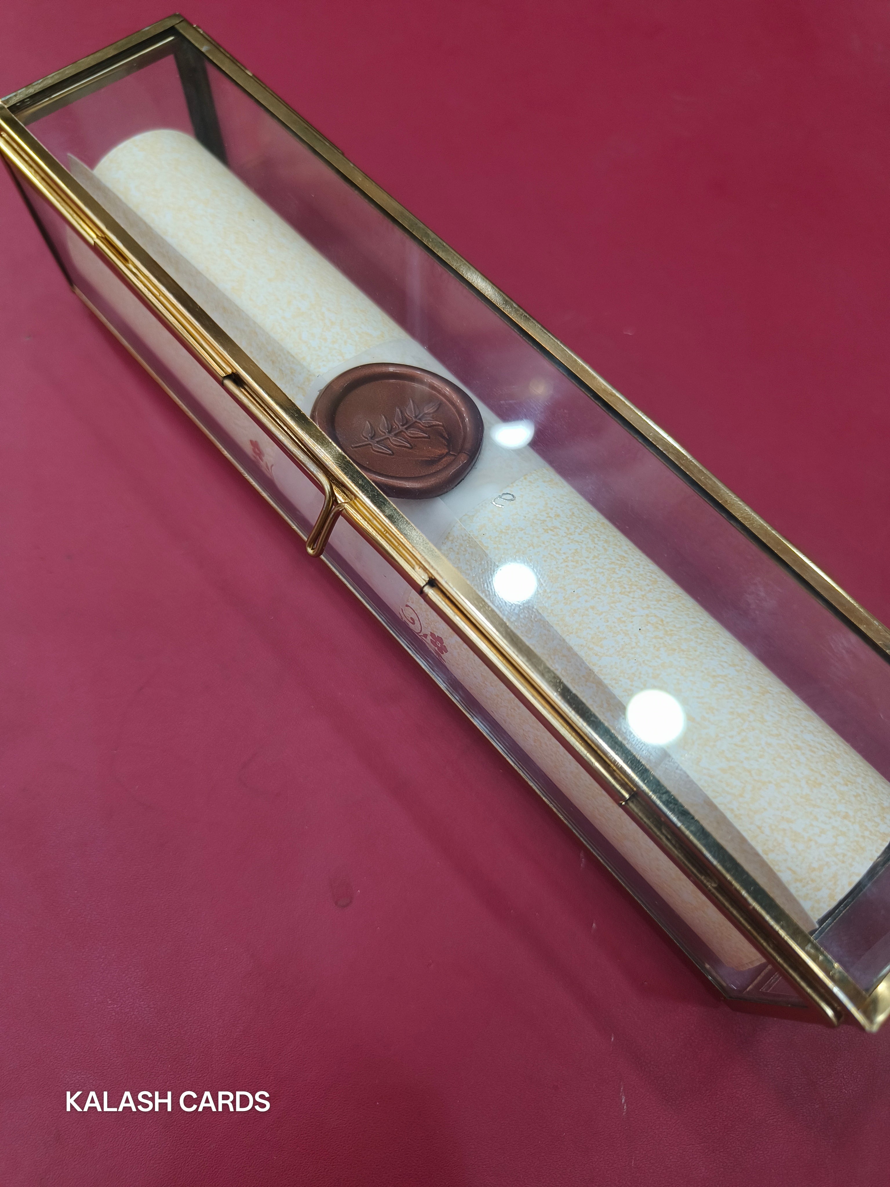 KL30 Royal Elephant Design Premium Gold Foil Paper Scroll Wedding Card with Luxury Transparent Glass Metal Box-Kalash Cards