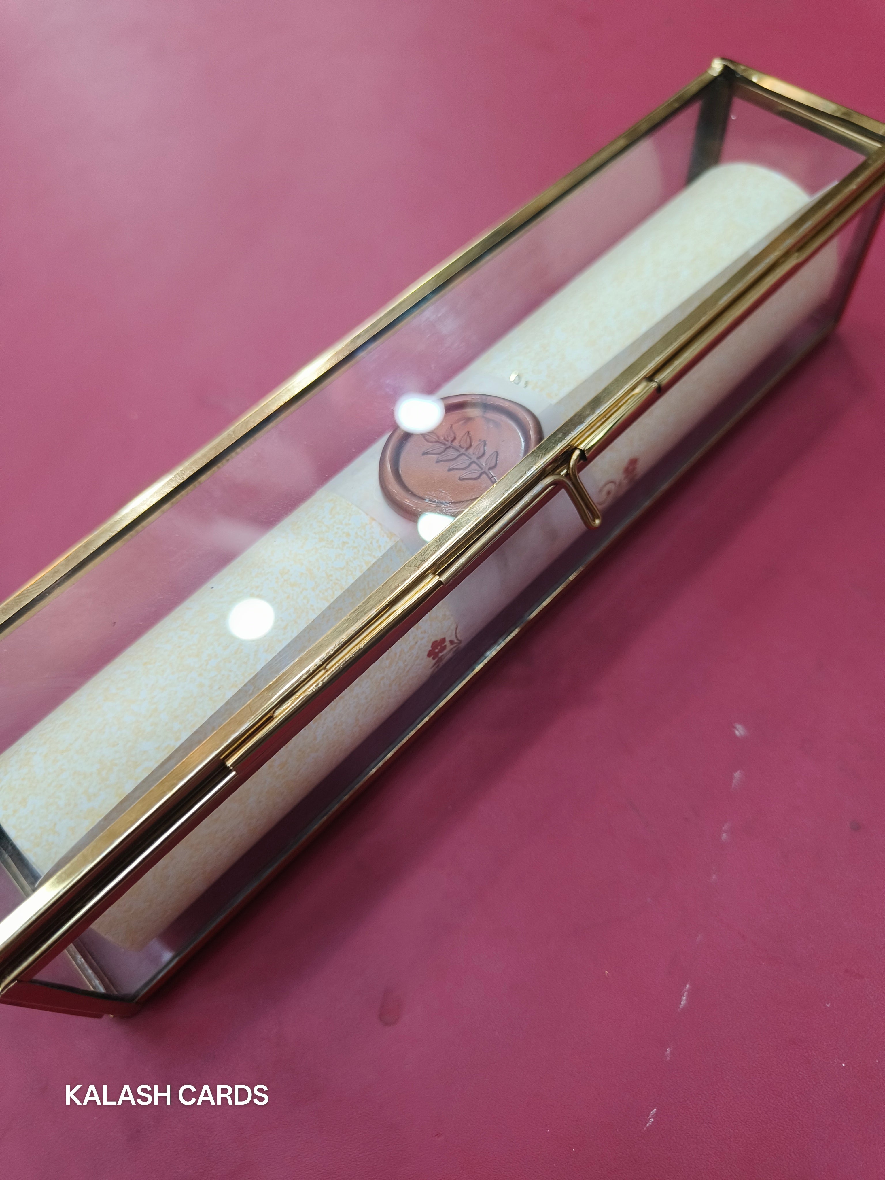 KL30 Royal Elephant Design Premium Gold Foil Paper Scroll Wedding Card with Luxury Transparent Glass Metal Box-Kalash Cards