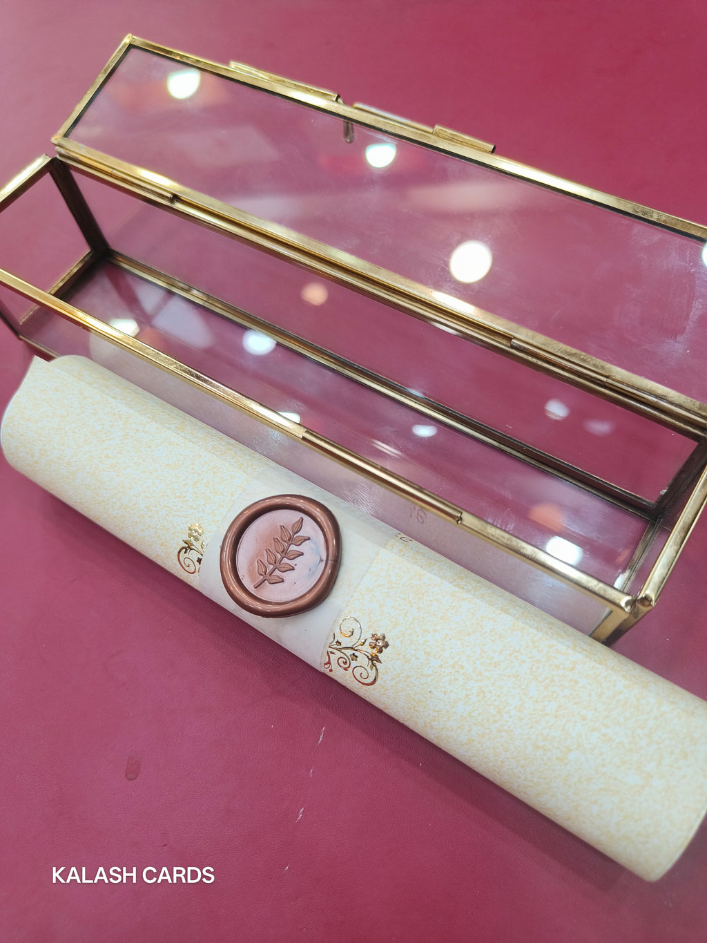 KL30 Royal Elephant Design Premium Gold Foil Paper Scroll Wedding Card with Luxury Transparent Glass Metal Box-Kalash Cards