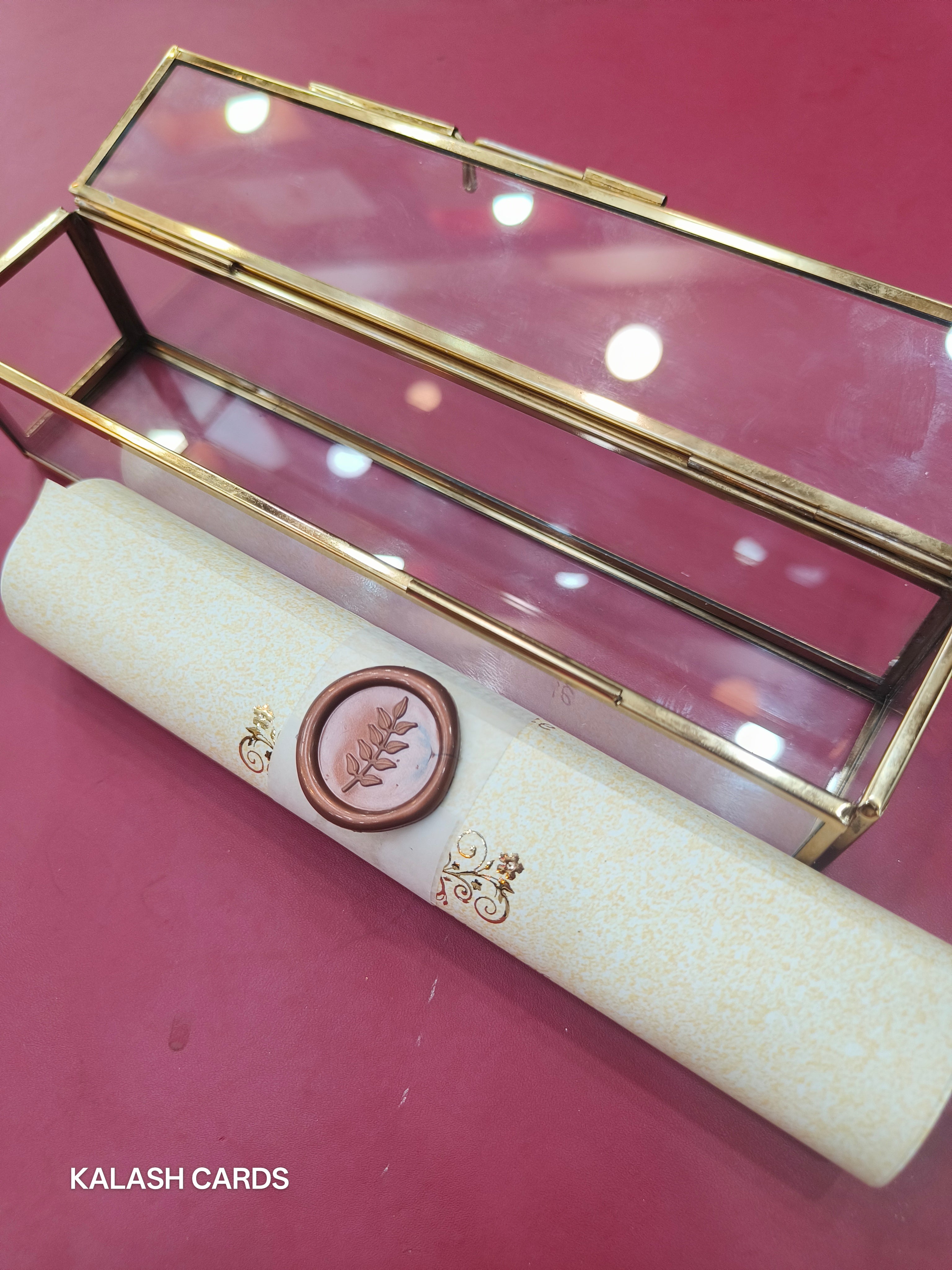 KL30 Royal Elephant Design Premium Gold Foil Paper Scroll Wedding Card with Luxury Transparent Glass Metal Box-Kalash Cards