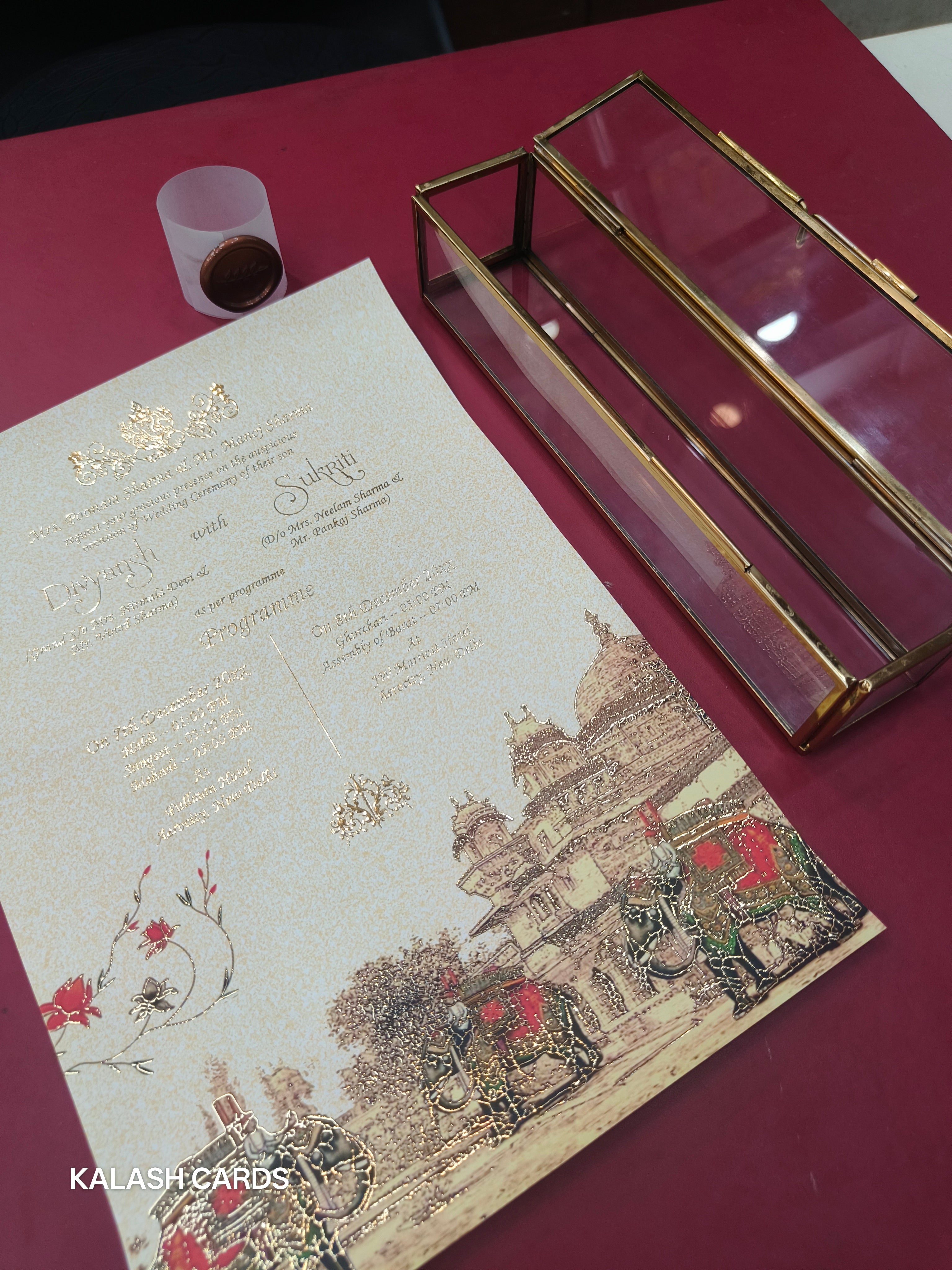 KL30 Royal Elephant Design Premium Gold Foil Paper Scroll Wedding Card with Luxury Transparent Glass Metal Box-Kalash Cards