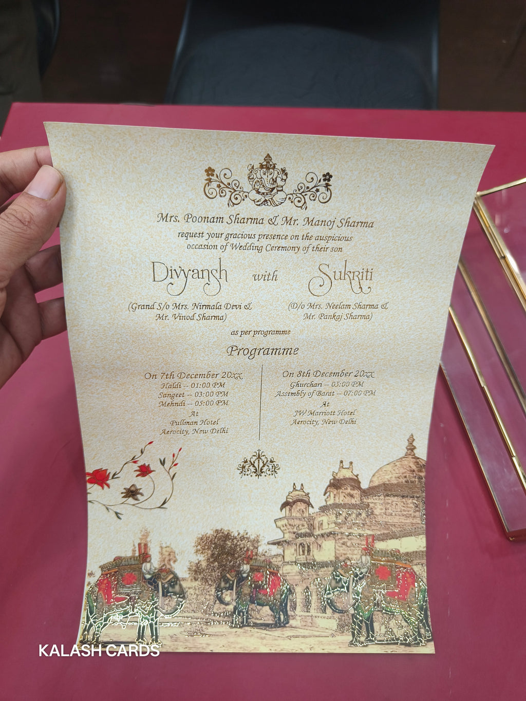 KL30 Royal Elephant Design Premium Gold Foil Paper Scroll Wedding Card with Luxury Transparent Glass Metal Box-Kalash Cards