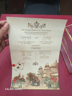 KL30 Royal Elephant Design Premium Gold Foil Paper Scroll Wedding Card with Luxury Transparent Glass Metal Box-Kalash Cards