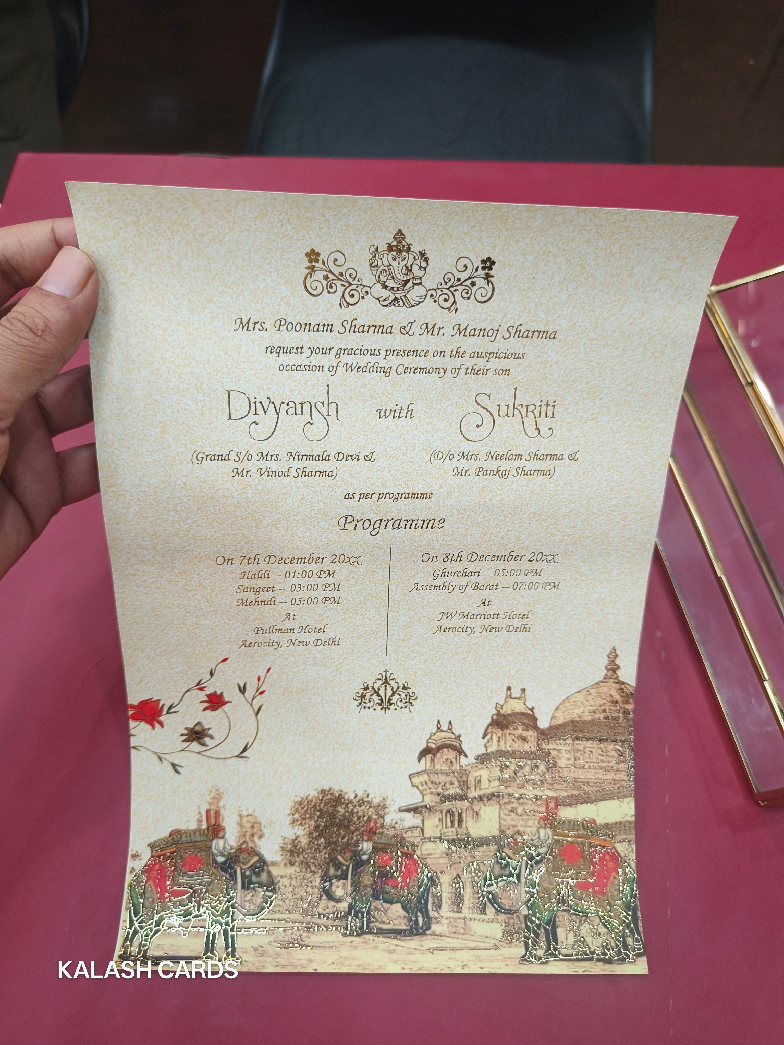 KL30 Royal Elephant Design Premium Gold Foil Paper Scroll Wedding Card with Luxury Transparent Glass Metal Box-Kalash Cards