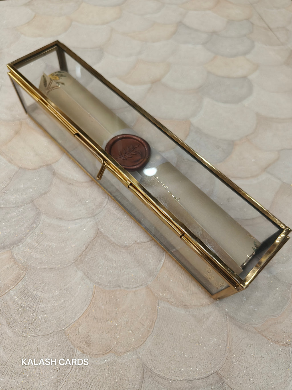 KL31 Royal Arch Elephant Design Premium Gold Foil Paper Scroll Wedding Card with Luxury Transparent Glass Metal Box-Kalash Cards