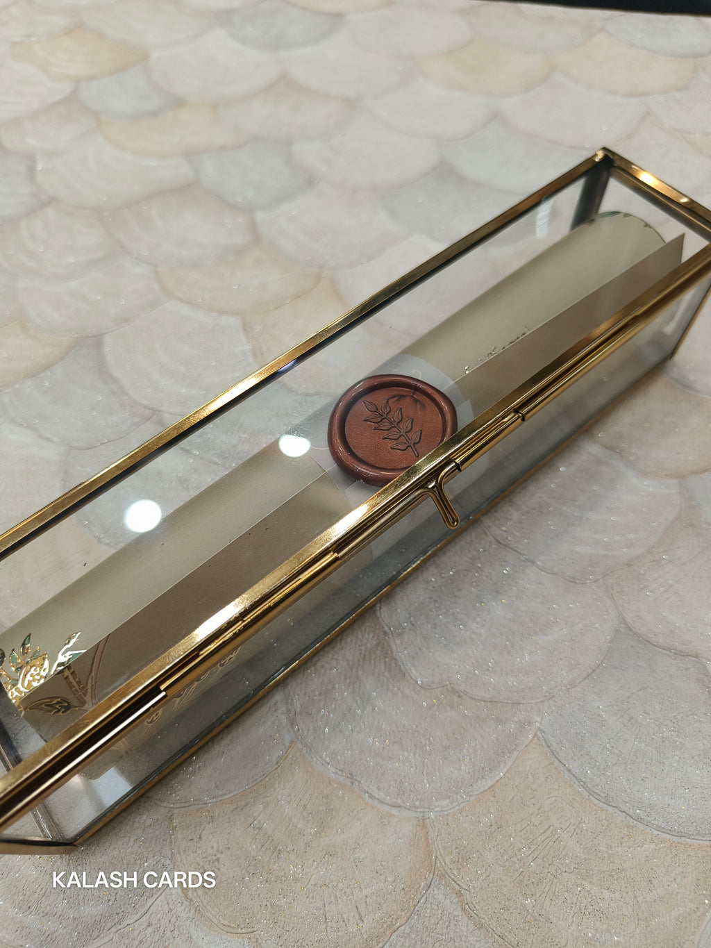 KL31 Royal Arch Elephant Design Premium Gold Foil Paper Scroll Wedding Card with Luxury Transparent Glass Metal Box-Kalash Cards