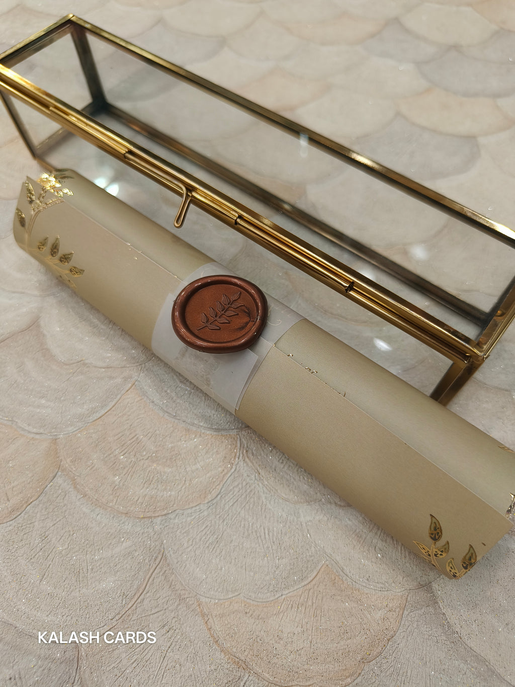 KL31 Royal Arch Elephant Design Premium Gold Foil Paper Scroll Wedding Card with Luxury Transparent Glass Metal Box-Kalash Cards