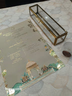 KL31 Royal Arch Elephant Design Premium Gold Foil Paper Scroll Wedding Card with Luxury Transparent Glass Metal Box-Kalash Cards