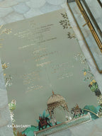 KL31 Royal Arch Elephant Design Premium Gold Foil Paper Scroll Wedding Card with Luxury Transparent Glass Metal Box-Kalash Cards