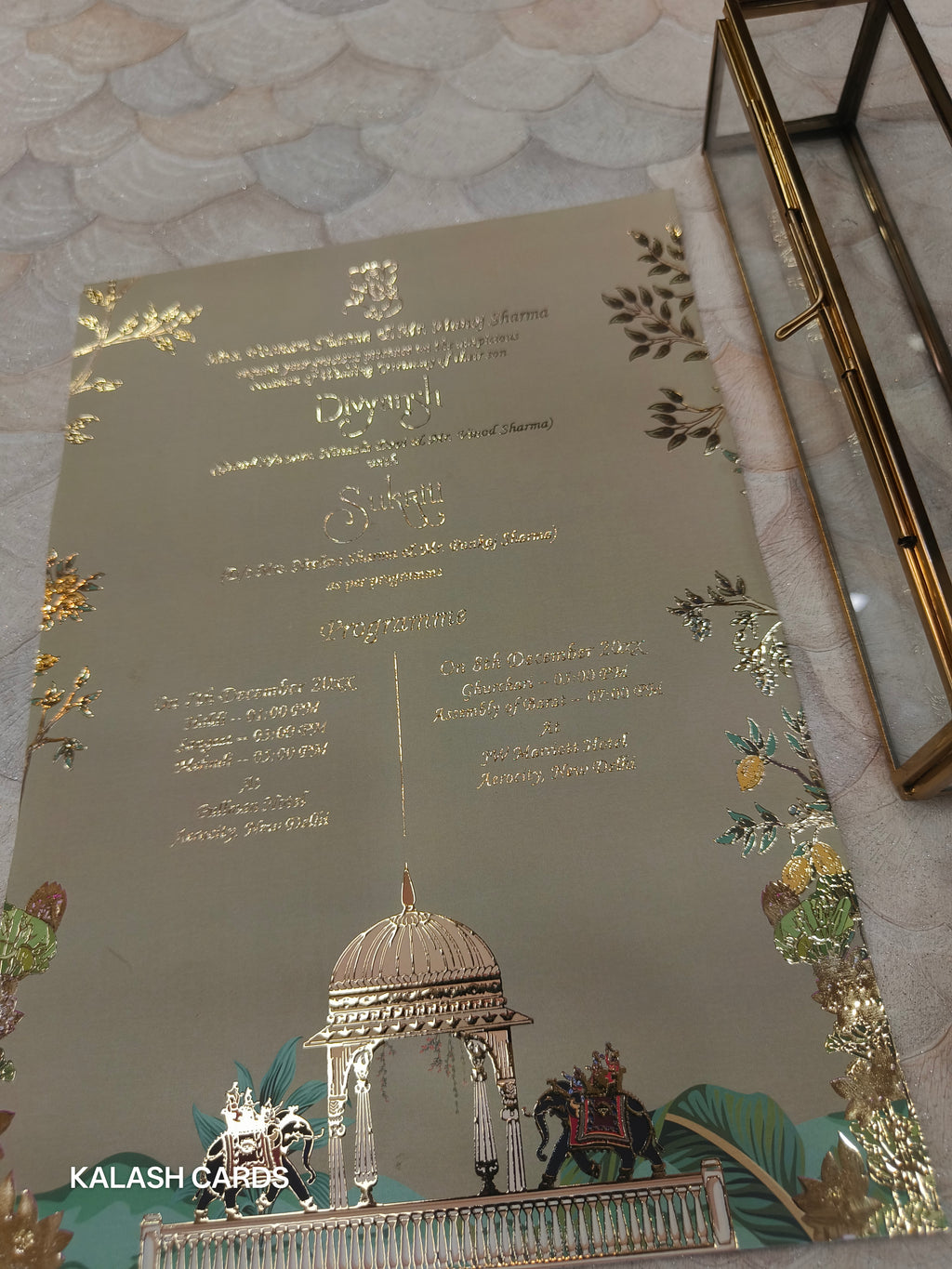 KL31 Royal Arch Elephant Design Premium Gold Foil Paper Scroll Wedding Card with Luxury Transparent Glass Metal Box-Kalash Cards