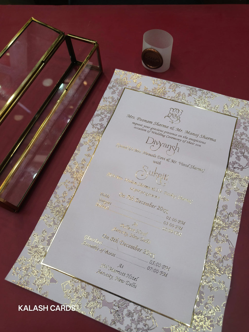 KL32 Floral Border Design Premium Gold Foil Paper Scroll Wedding Card with Luxury Transparent Glass Metal Box-Kalash Cards