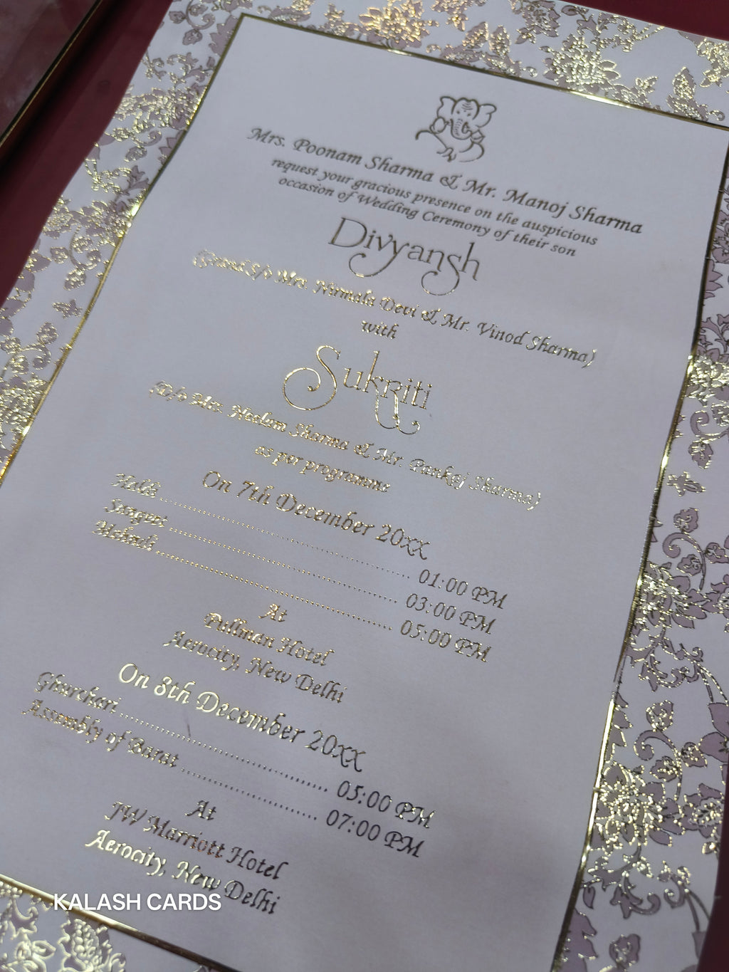 KL32 Floral Border Design Premium Gold Foil Paper Scroll Wedding Card with Luxury Transparent Glass Metal Box-Kalash Cards