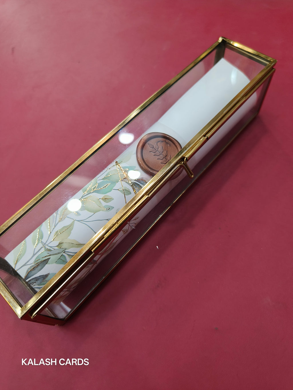 KL34 Floral Design Premium Gold Foil Paper Scroll Wedding Card with Luxury Transparent Glass Metal Box-Kalash Cards