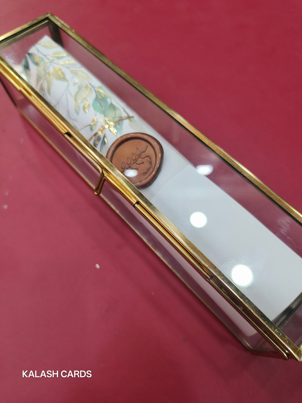 KL34 Floral Design Premium Gold Foil Paper Scroll Wedding Card with Luxury Transparent Glass Metal Box-Kalash Cards
