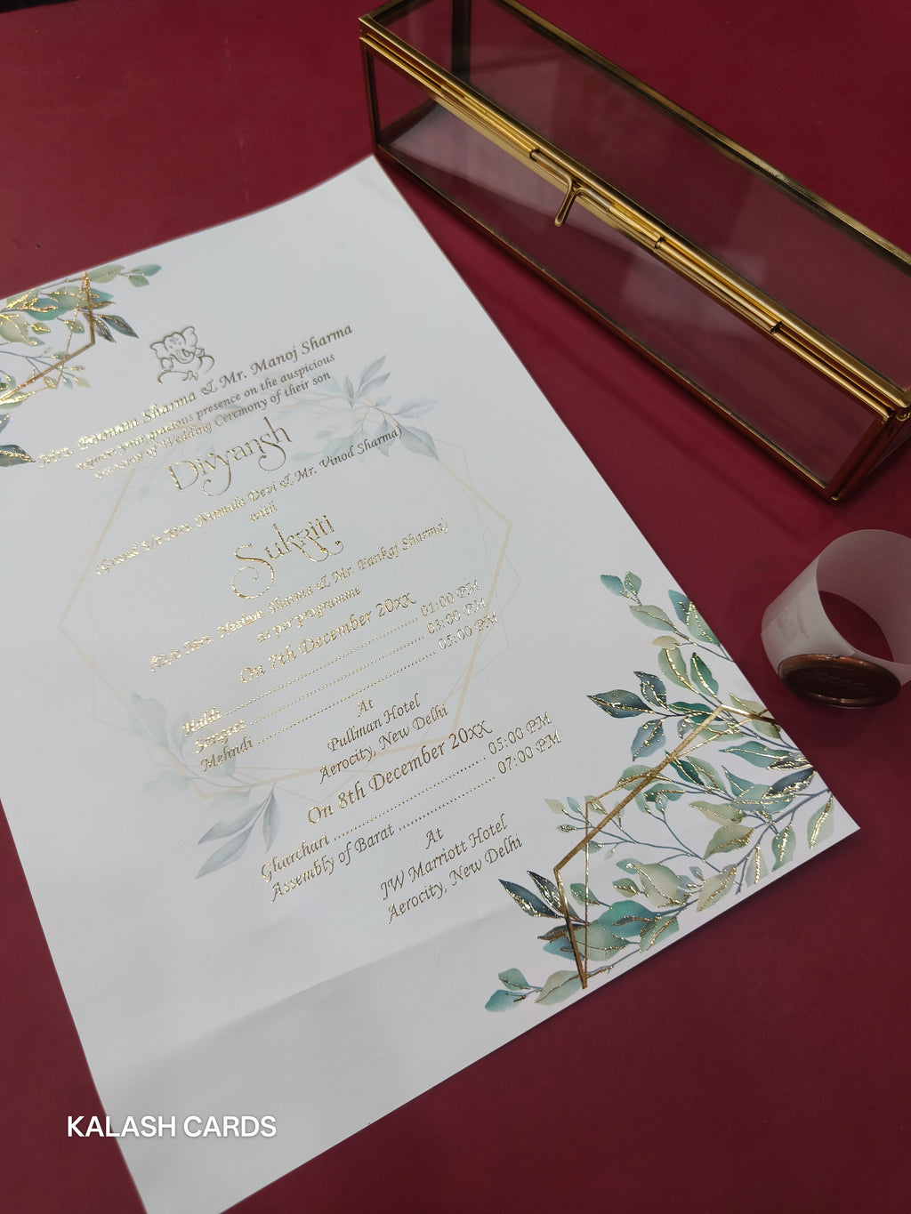 KL34 Floral Design Premium Gold Foil Paper Scroll Wedding Card with Luxury Transparent Glass Metal Box-Kalash Cards