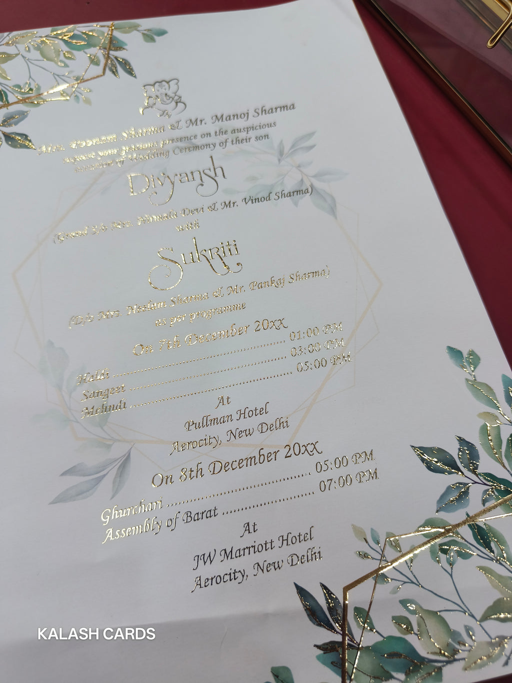 KL34 Floral Design Premium Gold Foil Paper Scroll Wedding Card with Luxury Transparent Glass Metal Box-Kalash Cards