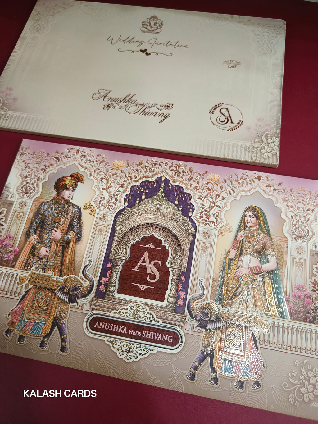 KLB554 Royal Maharaj Maharani Design Hardboard Padding Thick Wedding Card (2 Page)-Kalash Cards