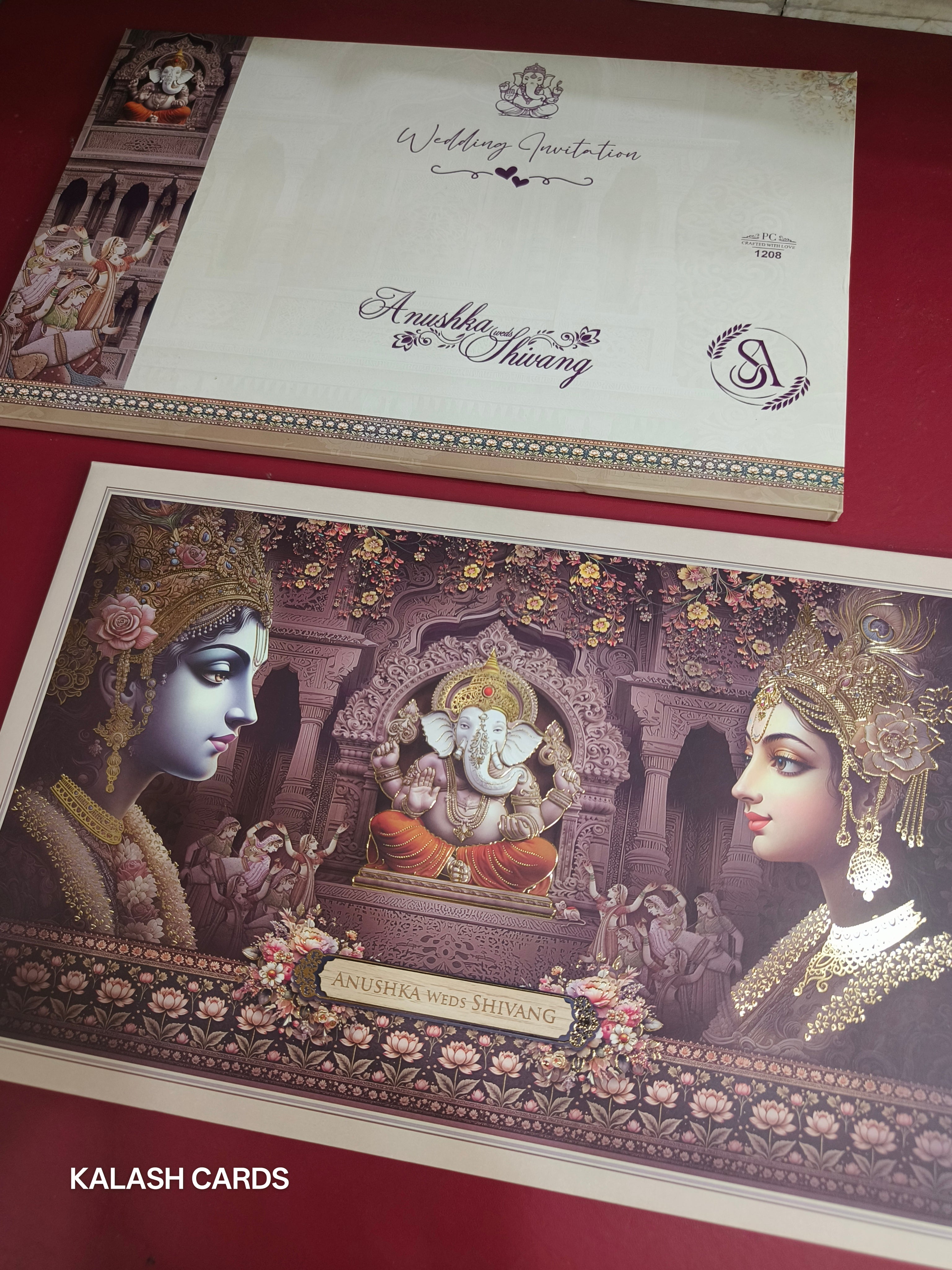 KLB558 Ganpati & Raja Rani Design Hardboard Padding Thick Wedding Card (2 Page)-Kalash Cards
