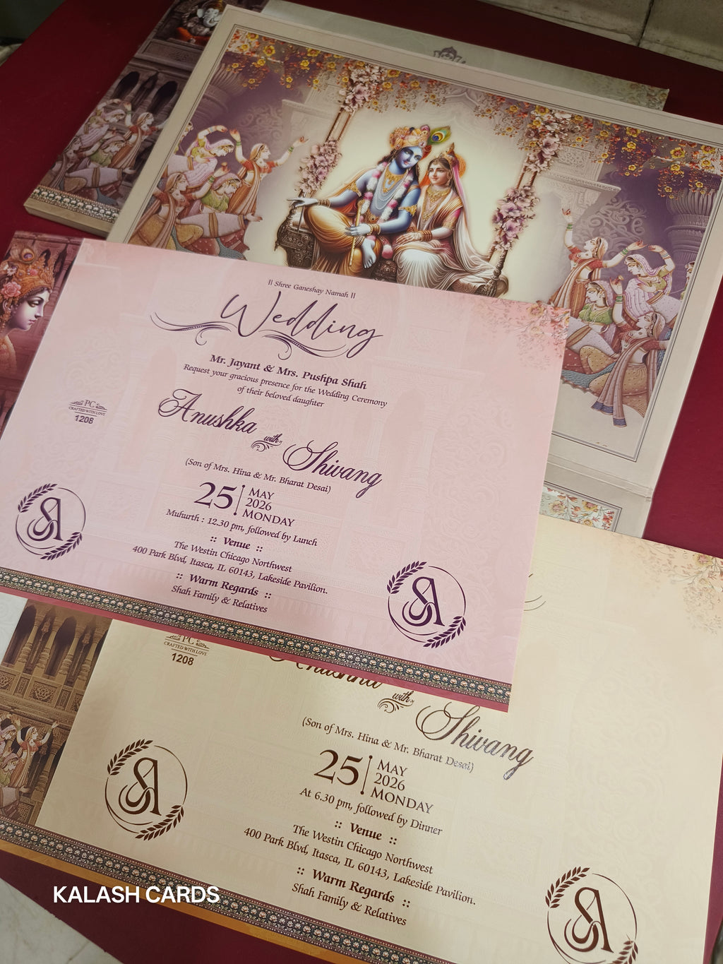 KLB558 Ganpati & Raja Rani Design Hardboard Padding Thick Wedding Card (2 Page)-Kalash Cards
