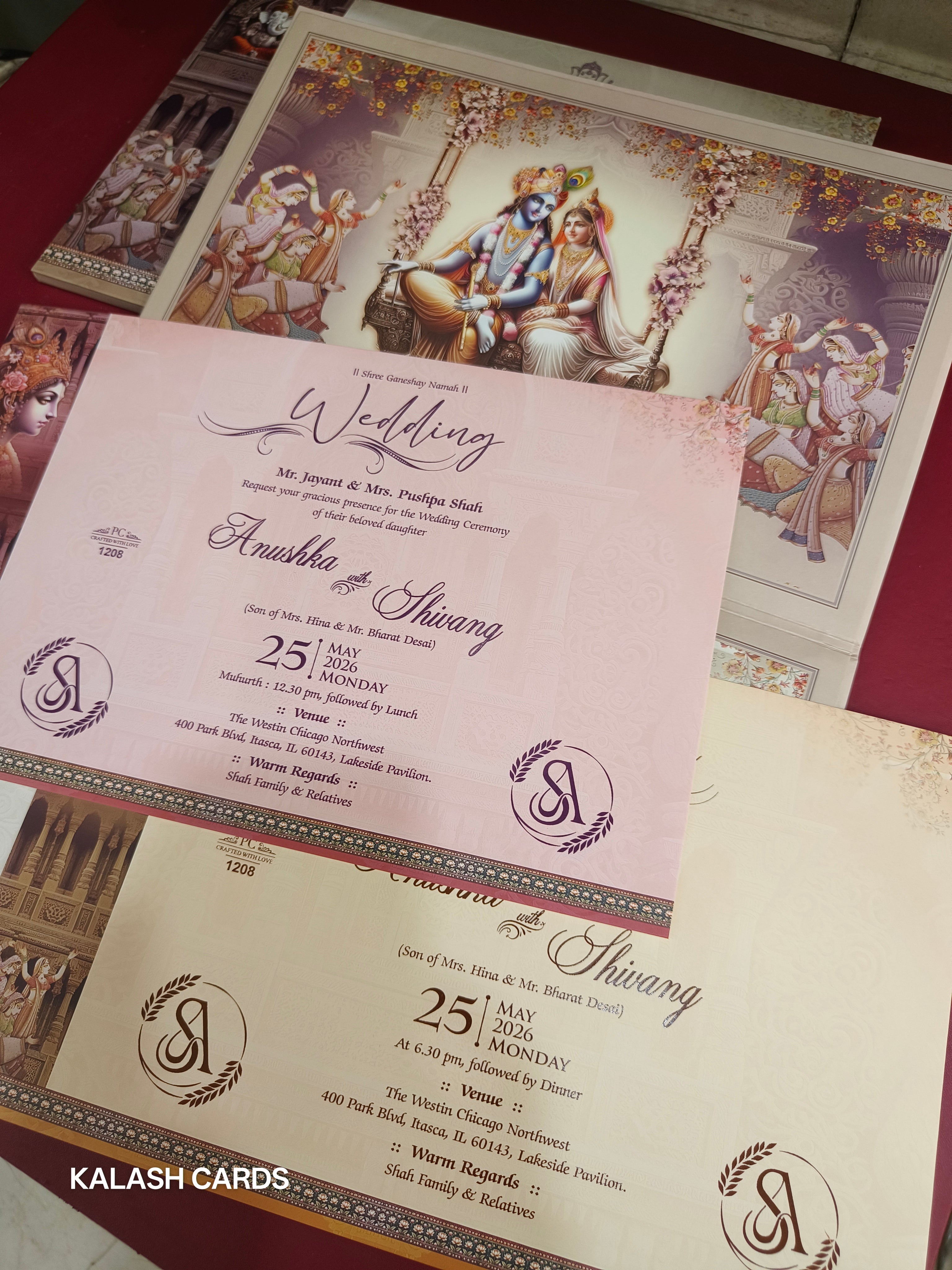 KLB558 Ganpati & Raja Rani Design Hardboard Padding Thick Wedding Card (2 Page)-Kalash Cards