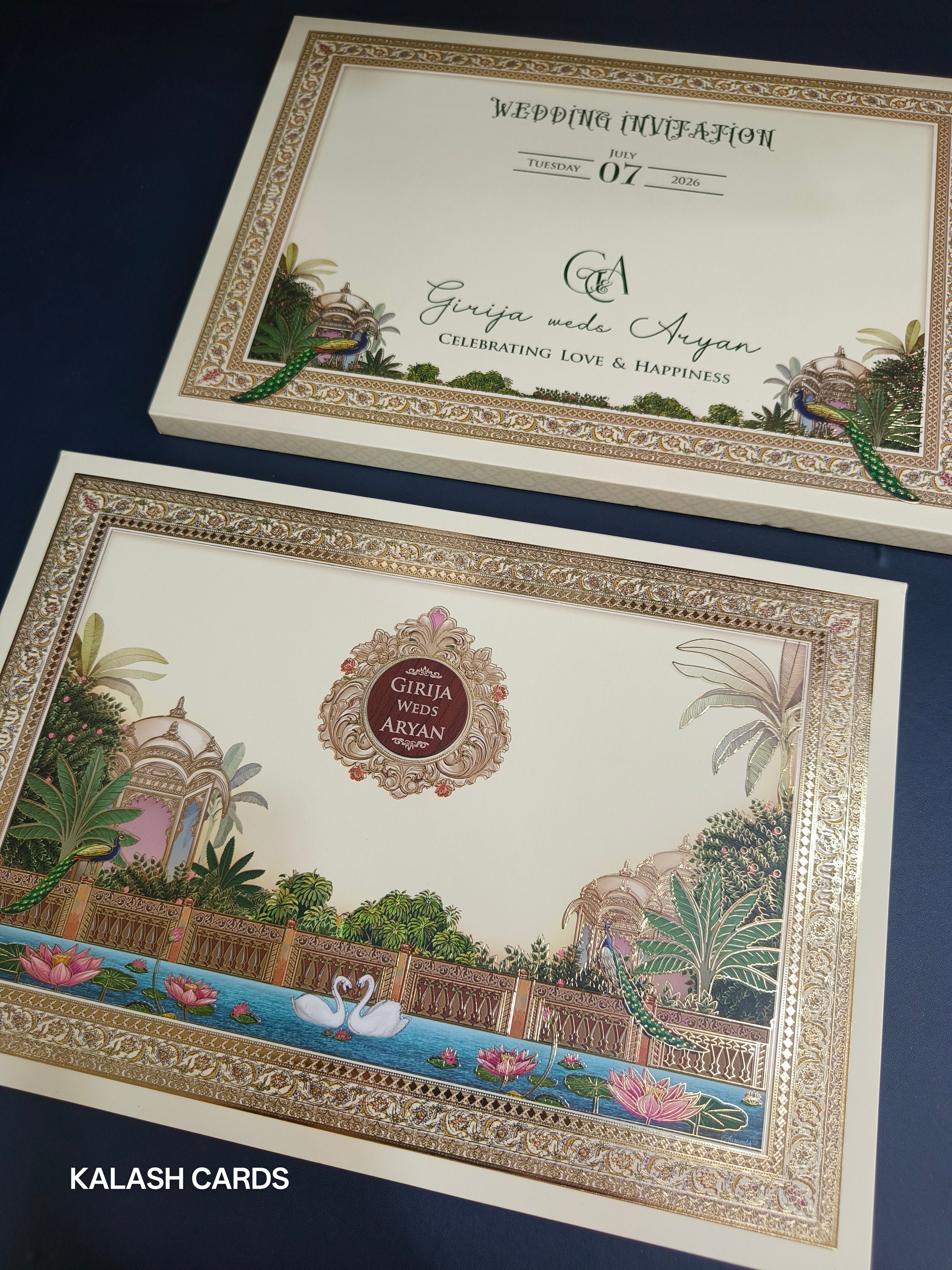 KLB560 Royal Peacock Theme Hardboard Padding Thick Wedding Card (2 Page)-Kalash Cards