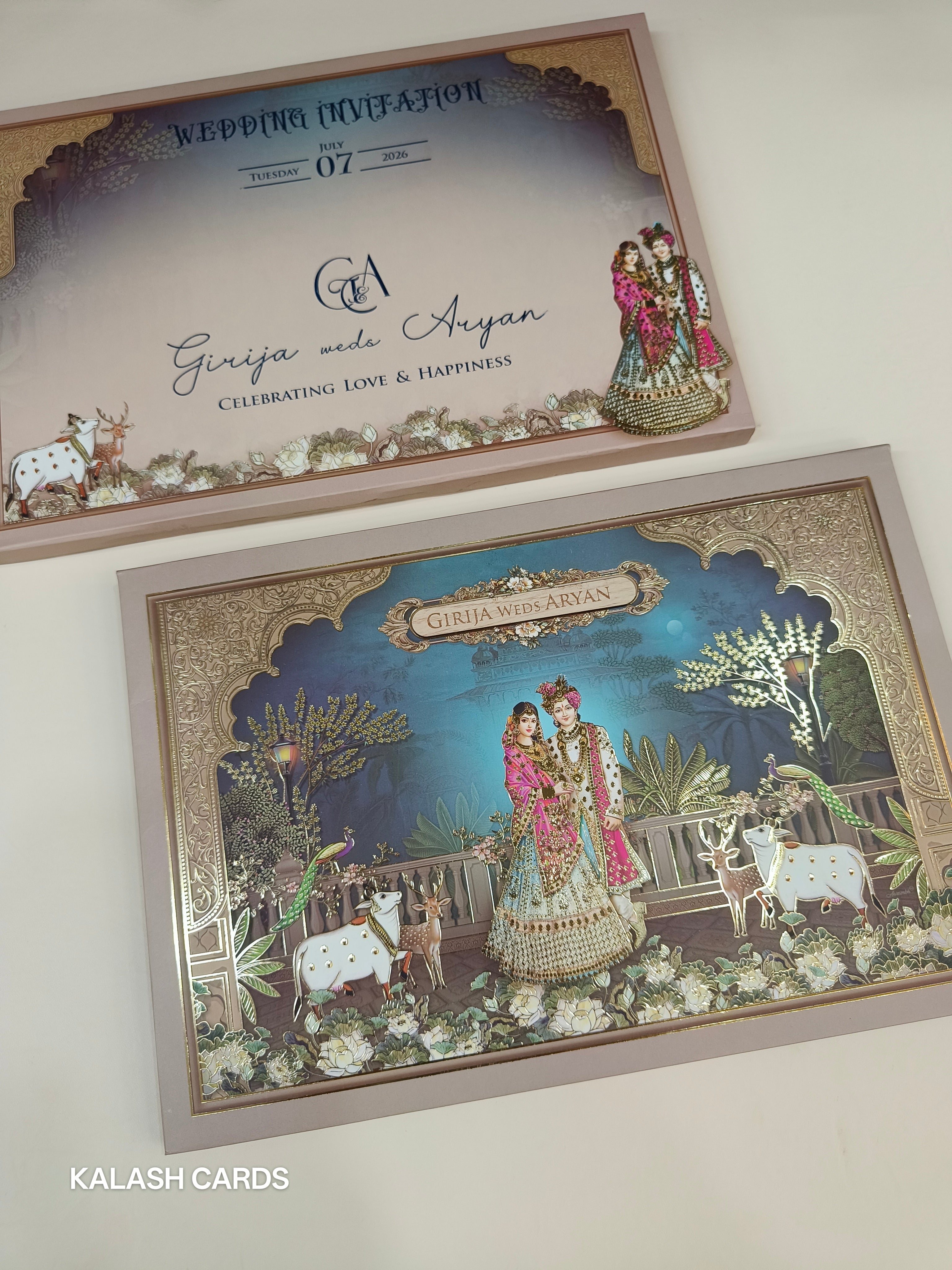 KLB563 Royal Pichwai Theme Raja Rani Design Hardboard Padding Thick Wedding Card (2 Page)-Kalash Cards