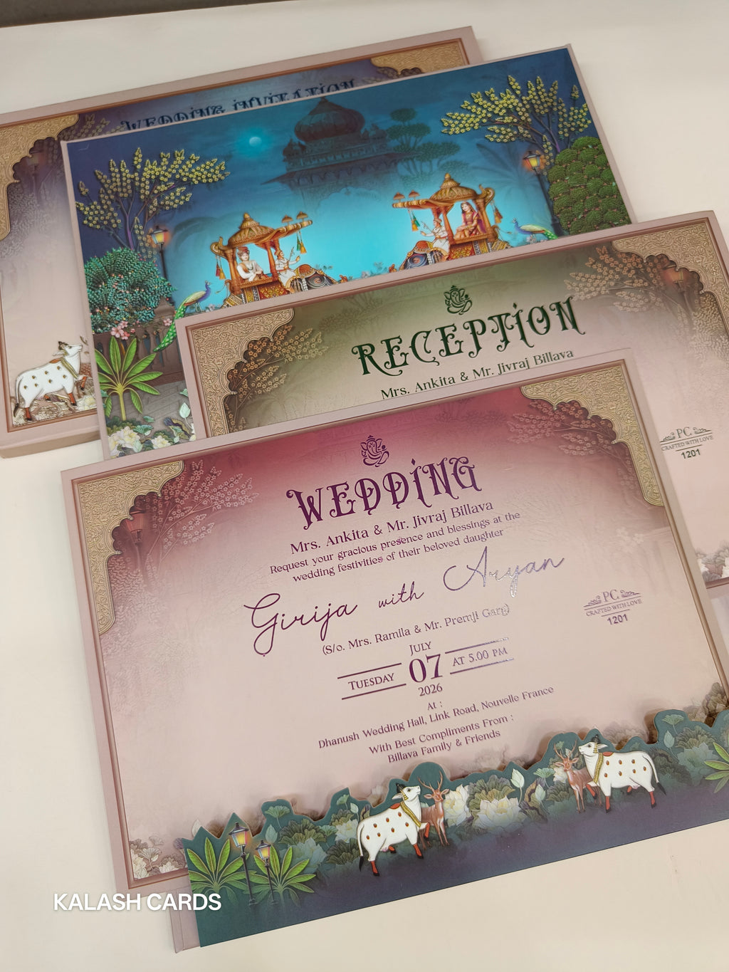 KLB563 Royal Pichwai Theme Raja Rani Design Hardboard Padding Thick Wedding Card (2 Page)-Kalash Cards