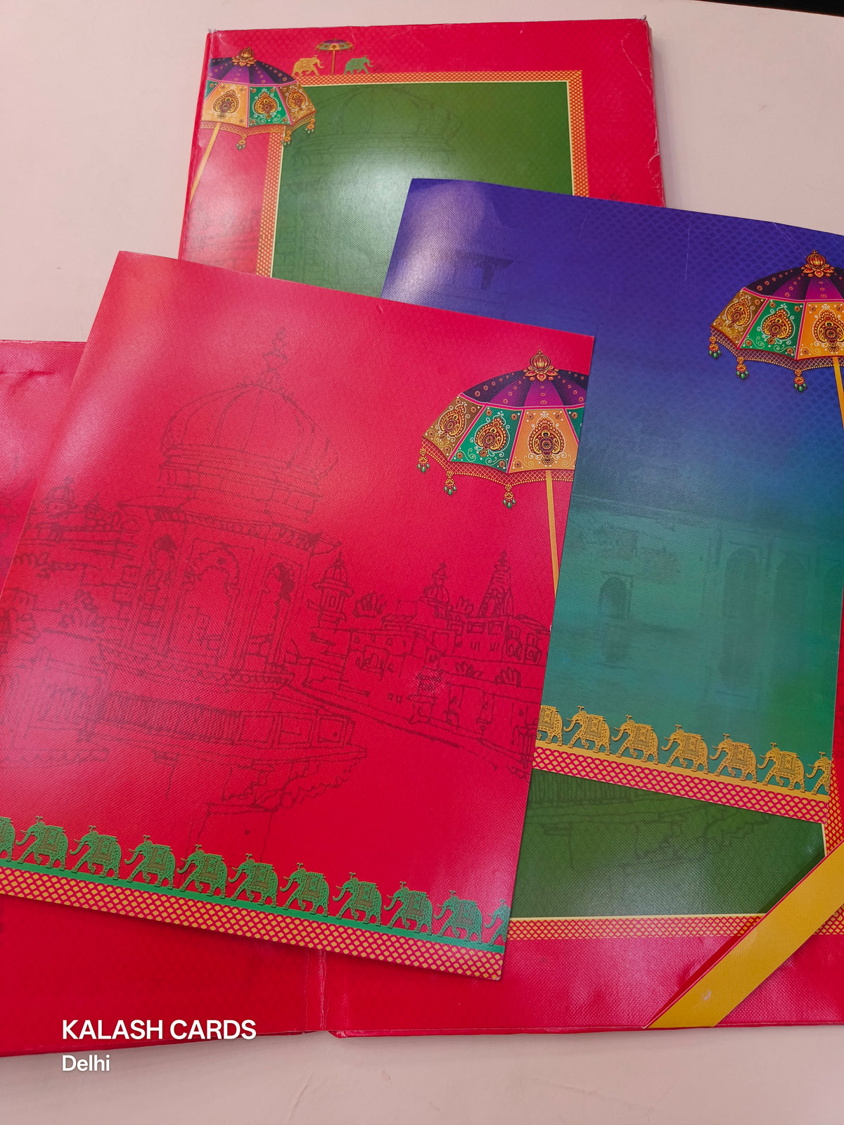 KL0167 Umbrella Elephant Design Hardboard Padding Thick Wedding Card with 2 Inserts and Envelope-Kalash Cards