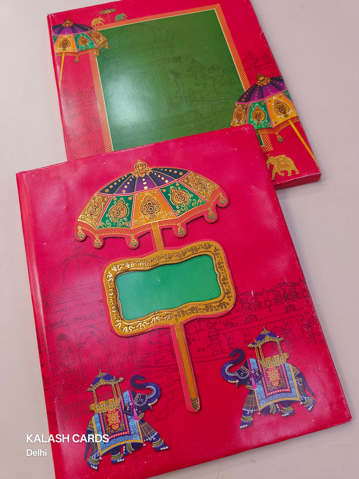 KL0167 Umbrella Elephant Design Hardboard Padding Thick Wedding Card with 2 Inserts and Envelope-Kalash Cards