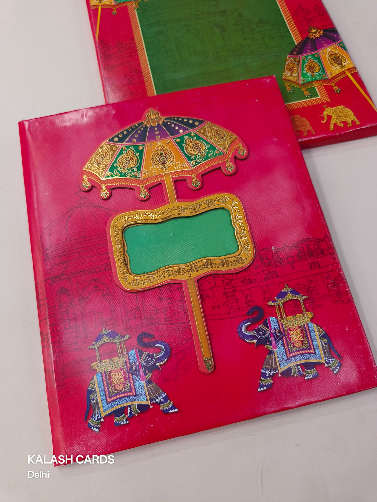 KL0167 Umbrella Elephant Design Hardboard Padding Thick Wedding Card with 2 Inserts and Envelope-Kalash Cards
