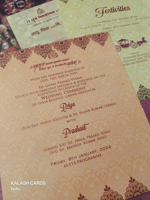 KL0192 Traditional Design Semi Box Paper Wedding Card with 2 Inserts and Envelope-Kalash Cards