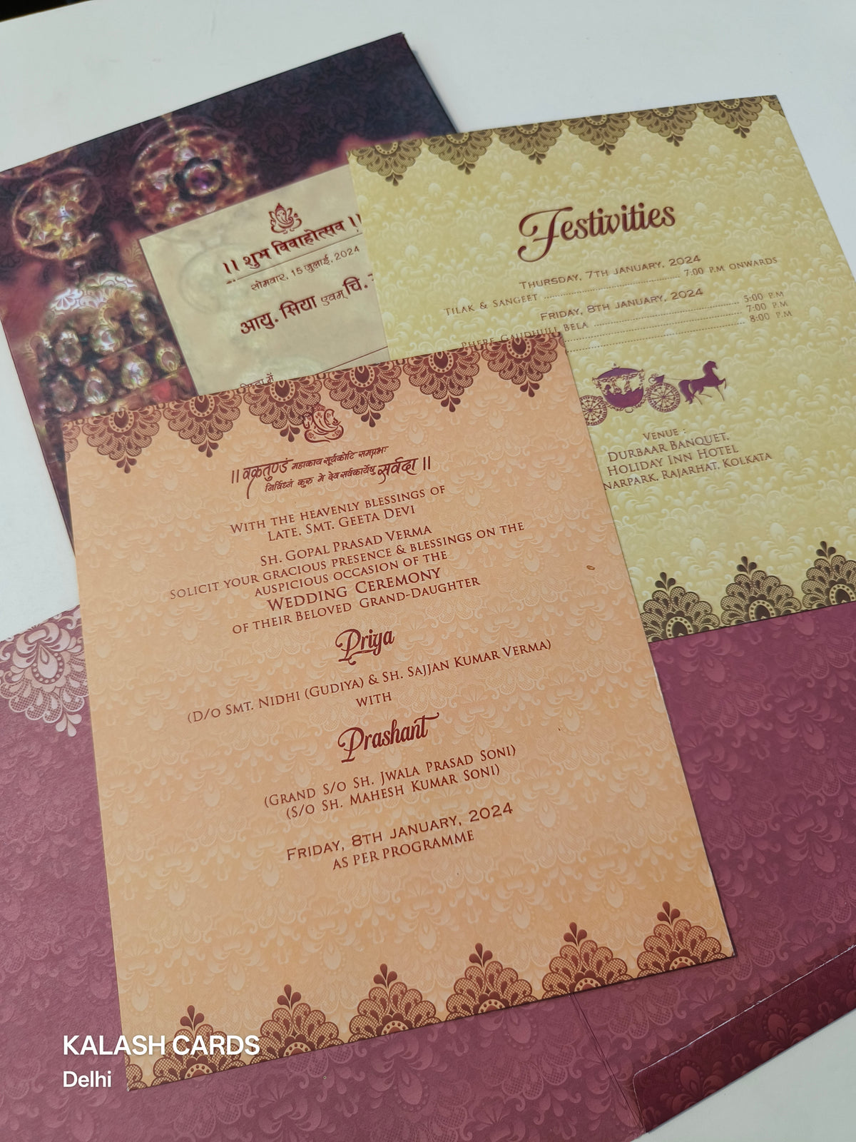 KL0192 Traditional Design Semi Box Paper Wedding Card with 2 Inserts and Envelope-Kalash Cards