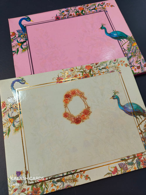 KL0194 Peacock Design Semi Box Paper Wedding Card (2 Page)-Kalash Cards