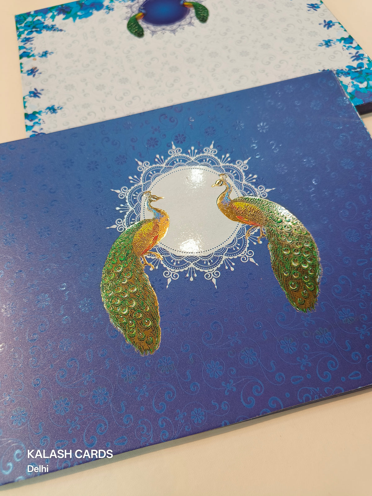 KL0195 Peacock Design Semi Box Paper Wedding Card (2 Page)-Kalash Cards